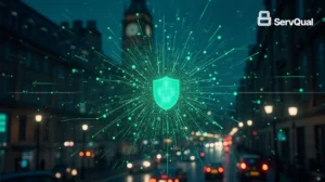 Cybersecurity solutions in the UK represented by a digital shield over the London skyline