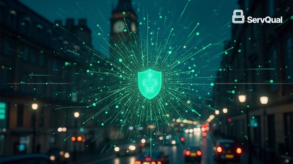 Cybersecurity solutions in the UK represented by a digital shield over the London skyline